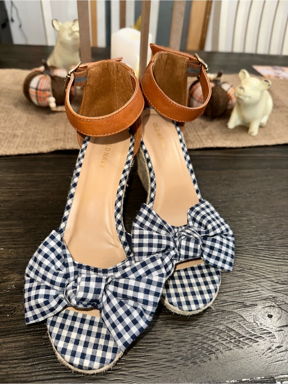 Old Navy Navy Gingham Bow Espadrille Wedges with Tan Ankle Strap